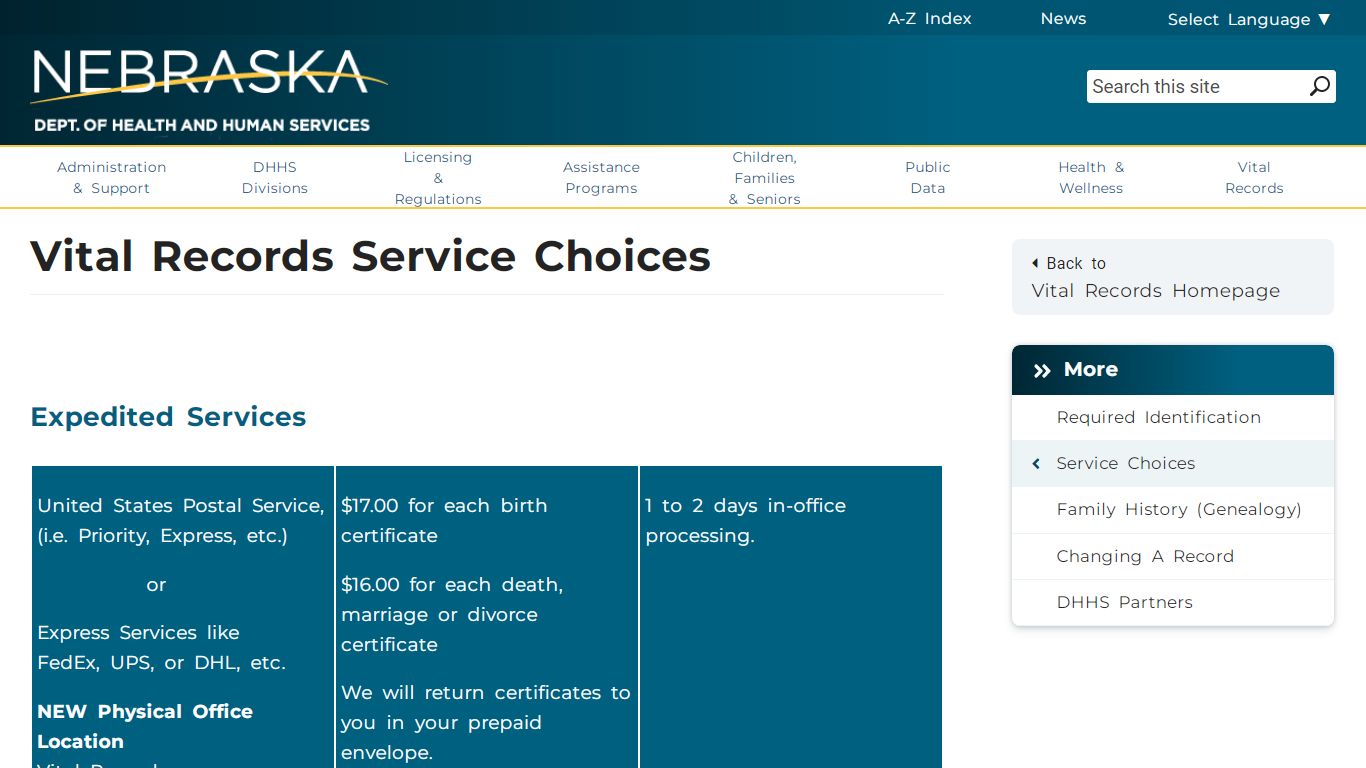 Vital Records Service Choices - Nebraska Department of Health & Human ...